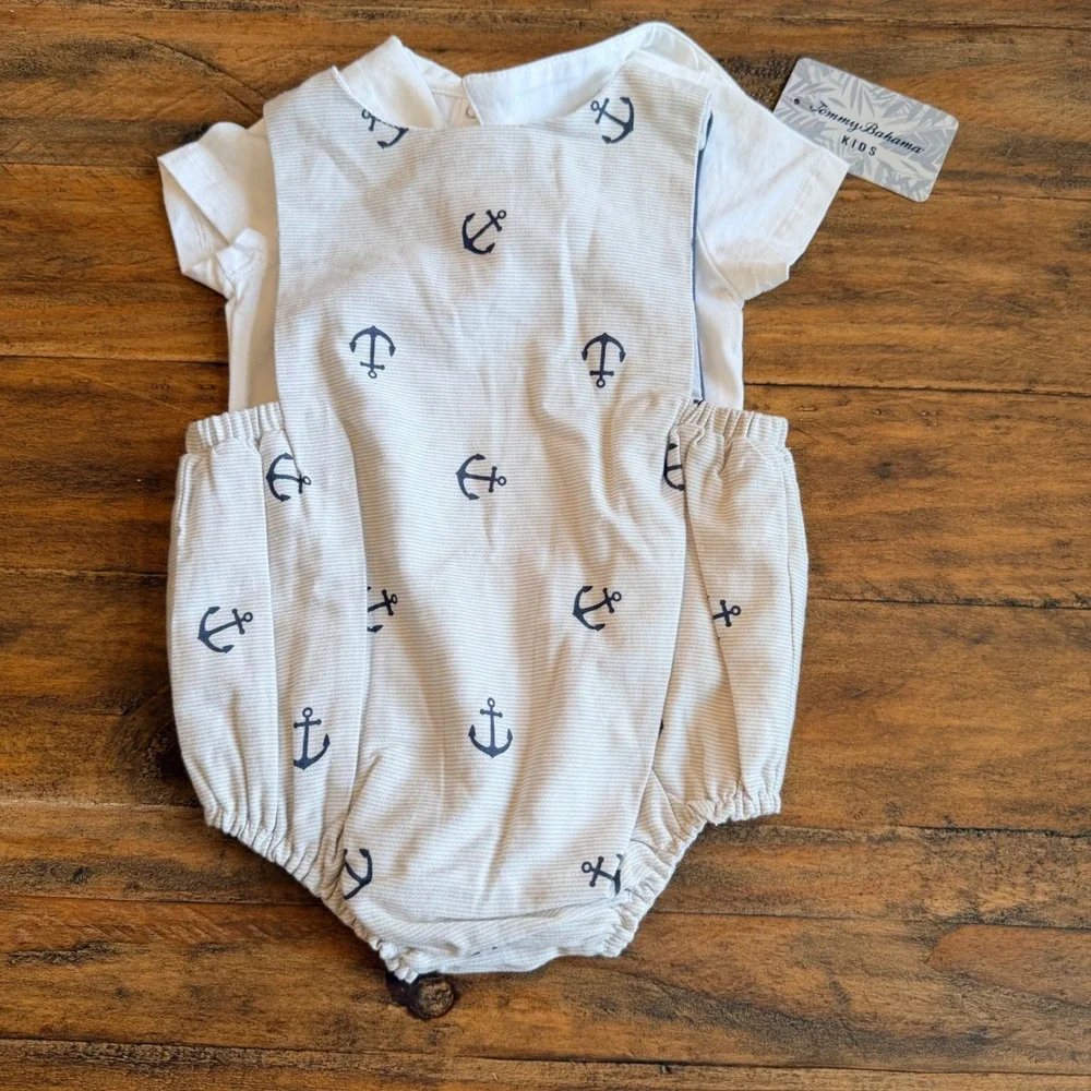 Tommy Bahama Kids Baby Boy 3-6M Nautical Anchor‎ Romper Bodysuit 2pc Set Travel
